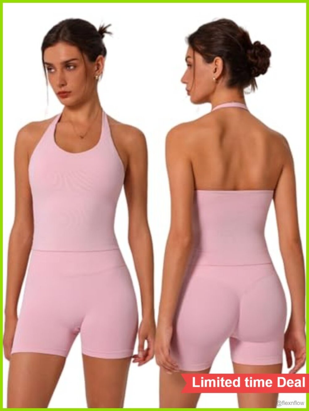 Seamless Ribbed Workout Set Halter Sports Bra & Scrunch Shorts